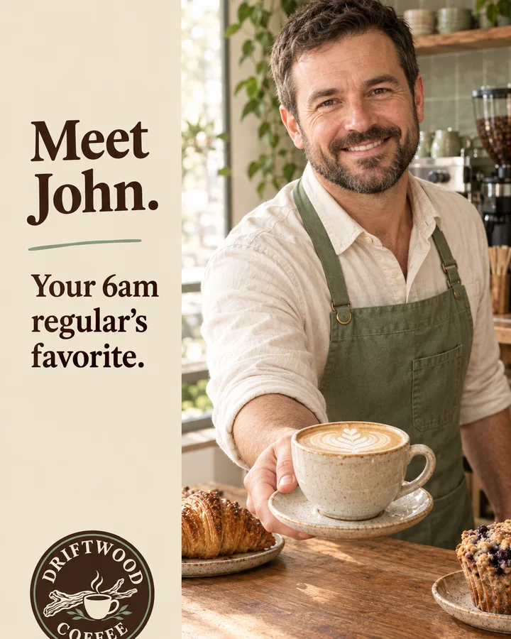 Post of John, a smiling barista in a green apron, holding a cappuccino: “Meet John.”