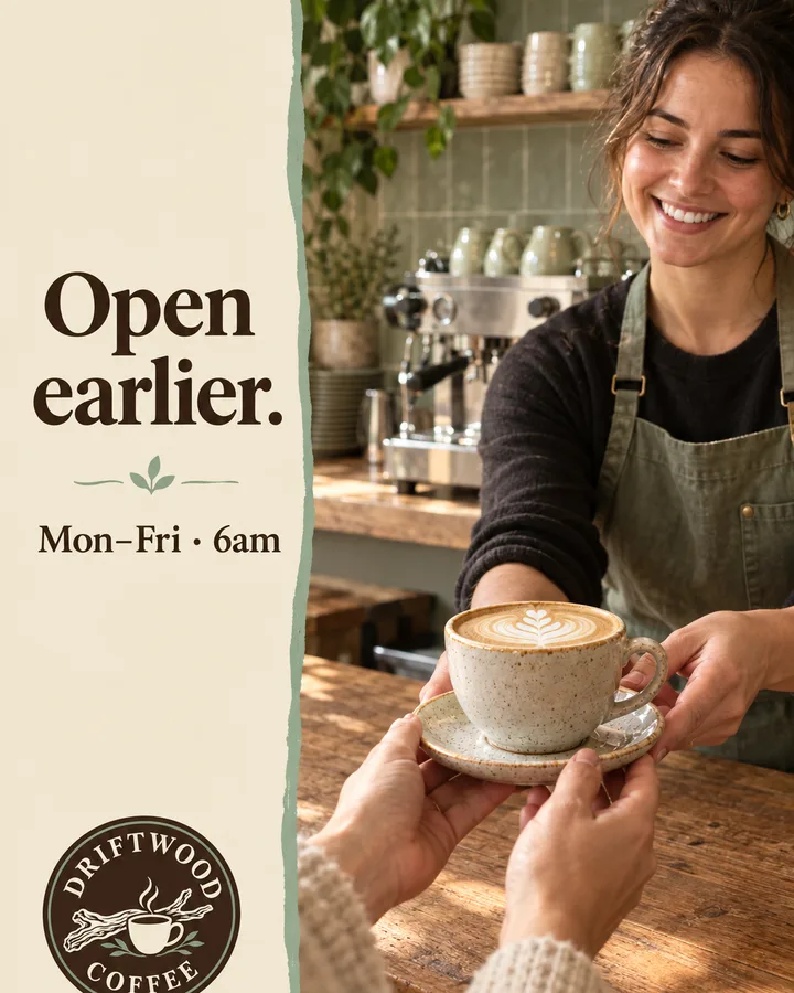 Post of a barista handing over a latte, with “Open earlier. Mon–Fri · 6am”