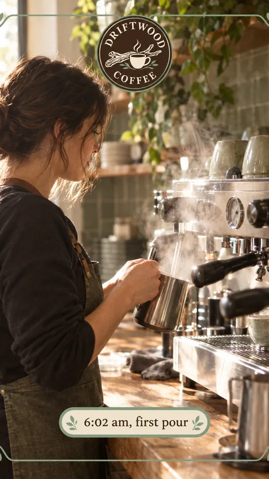 A barista steaming milk at the espresso machine in morning light
