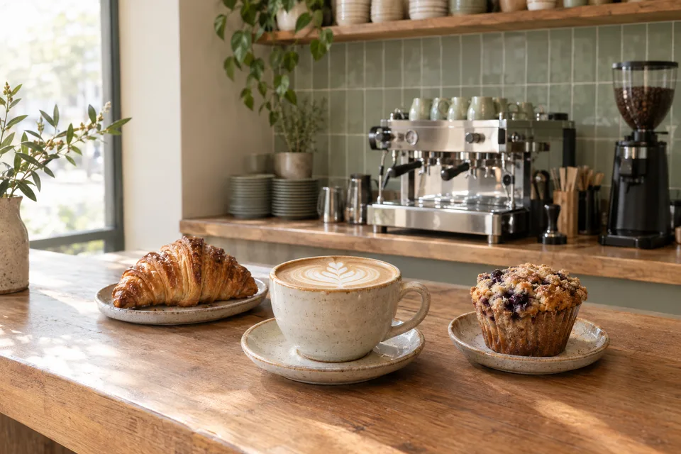 A latte with leaf art and two pastries on a wooden counter, sage-green tiles behind