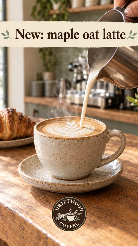 Story of a maple oat latte being poured, headed “New: maple oat latte”