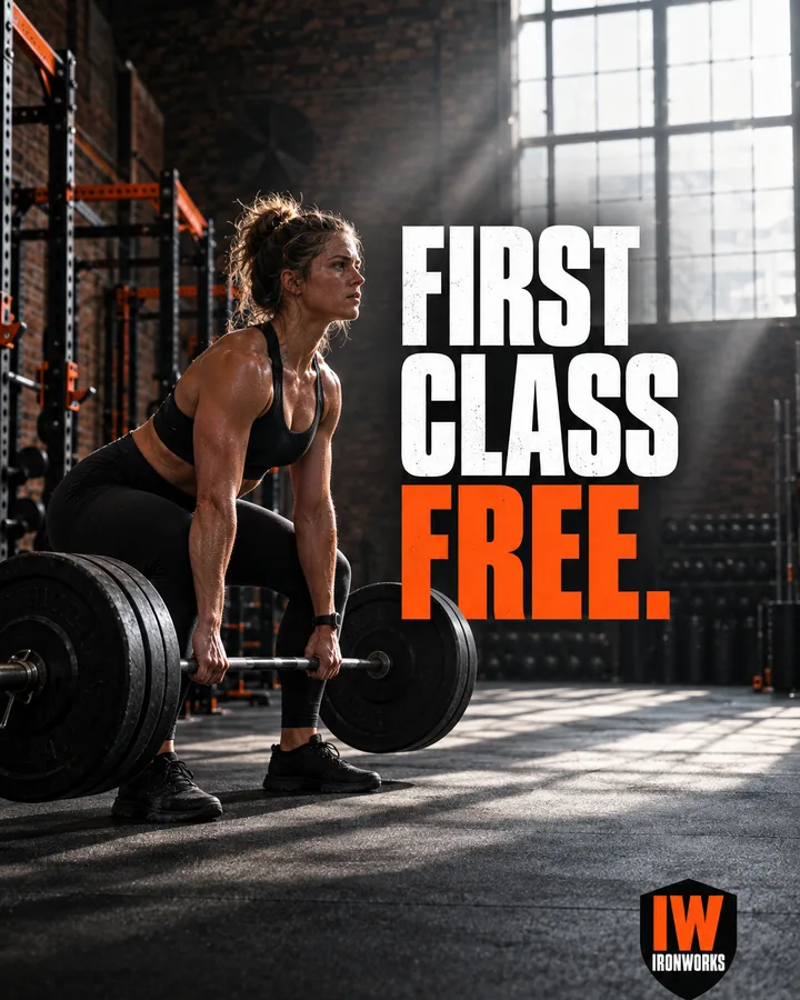 Post of a woman mid-deadlift with the headline “First class free.”