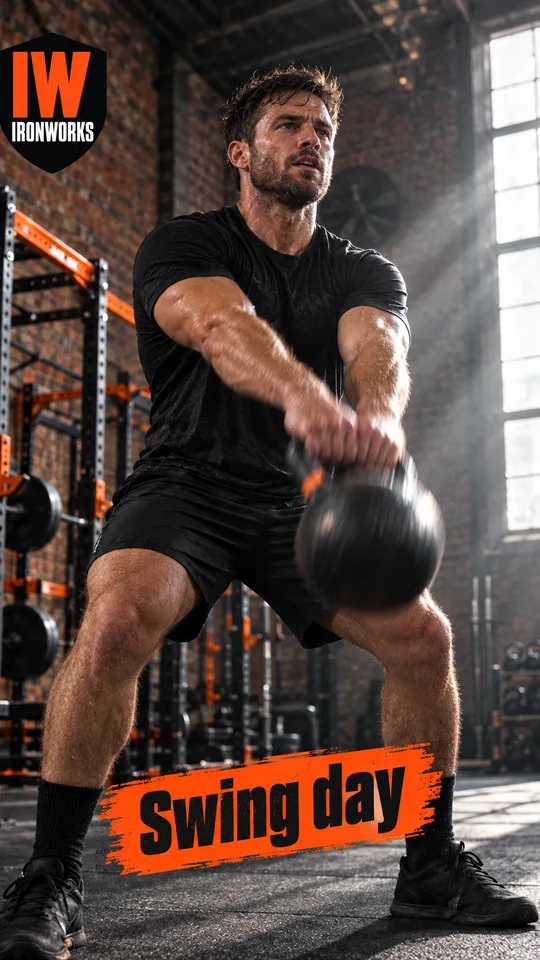 Reel cover of a kettlebell swing, sticker “Swing day”