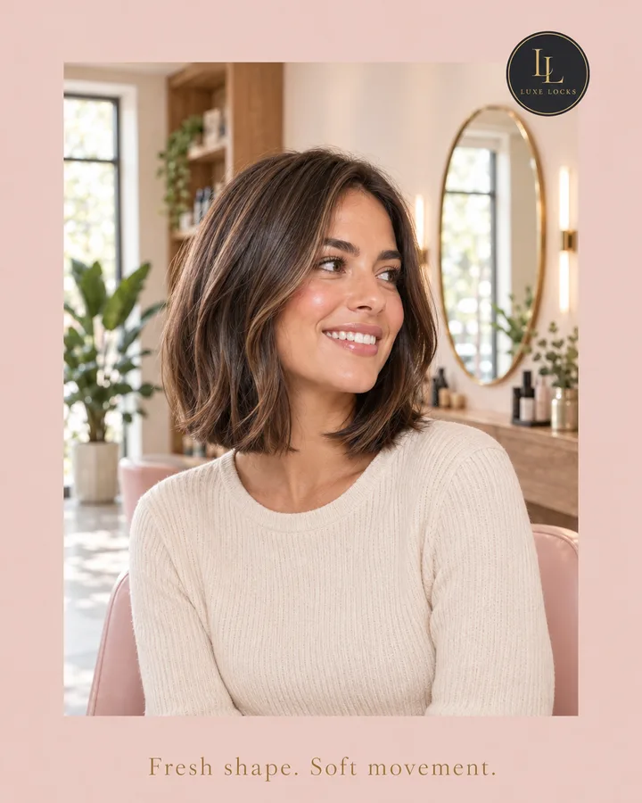 Post of a smiling client with a glossy shoulder-length bob: “Fresh shape. Soft movement.”