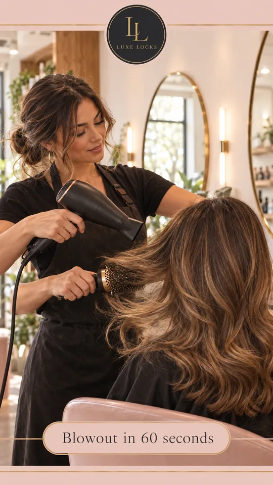 Reel cover of a stylist blow-drying a client’s hair, sticker “Blowout in 60 seconds”