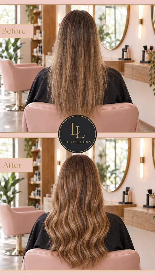 Split image of the same long hair before and after a warm caramel color