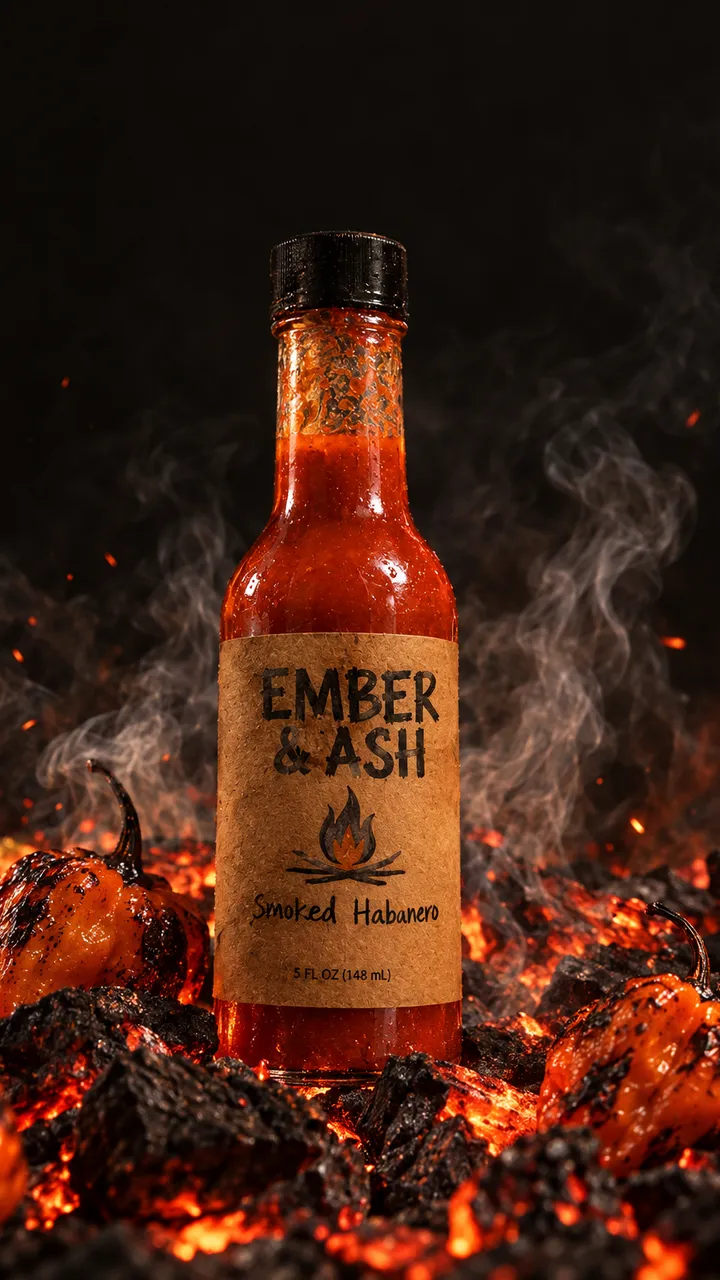 Story frame of a hot sauce bottle among smoking chilies and embers