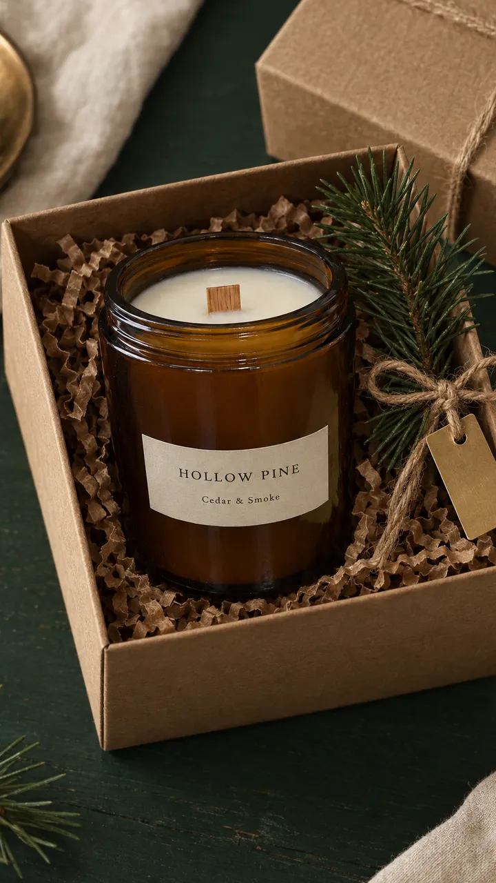 The same candle in a kraft gift box with pine sprigs and a twine tag