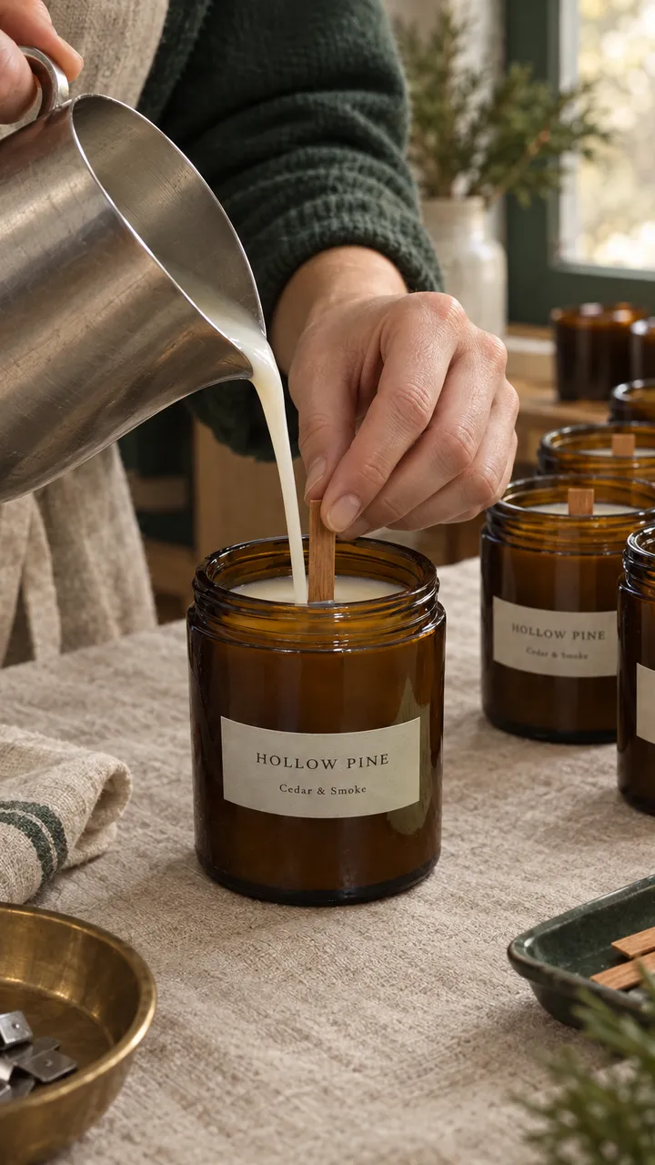 A hand pouring wax from a steel jug into a row of amber jars