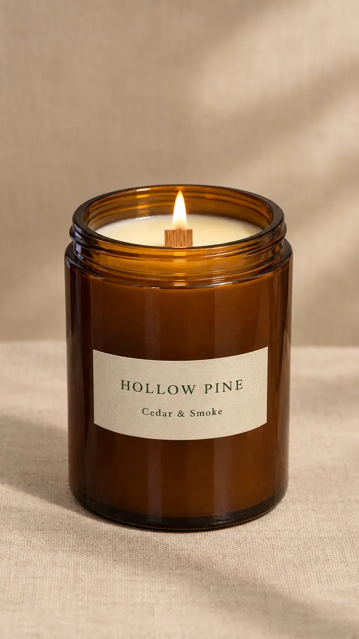 The same Hollow Pine Cedar & Smoke candle, lit, against a plain warm background