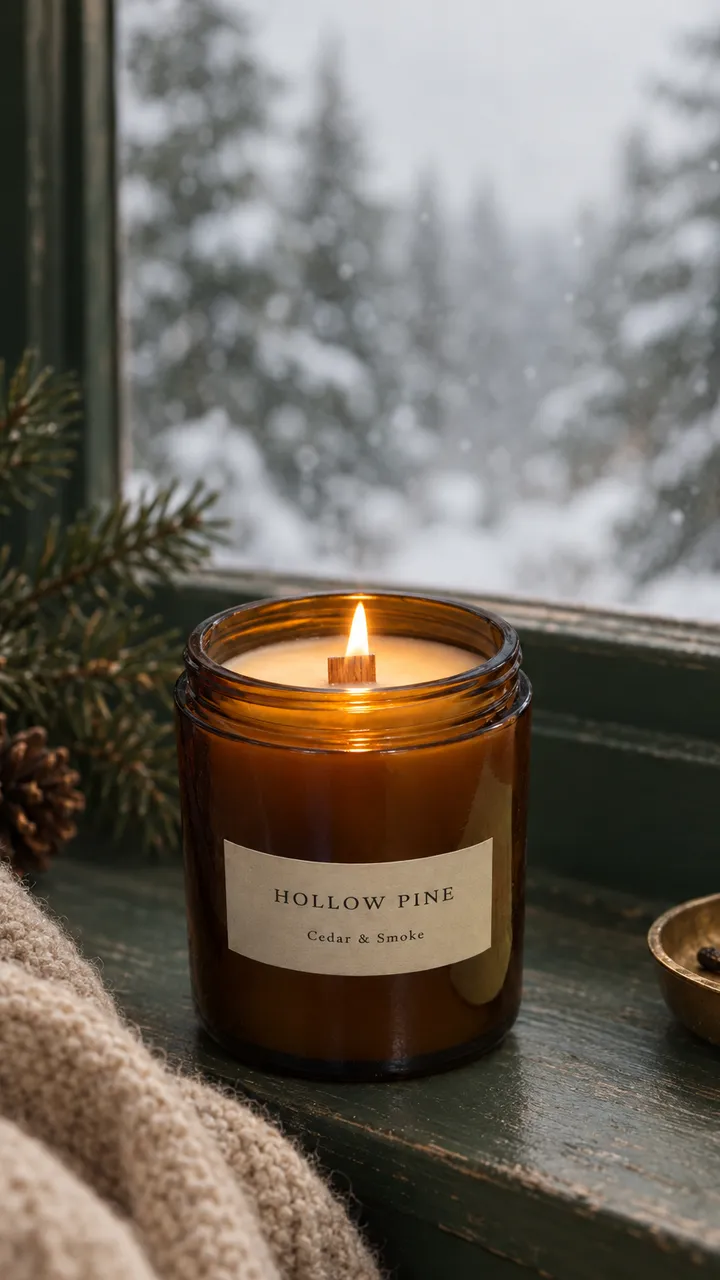 Story frame of a lit candle on a windowsill with snow outside