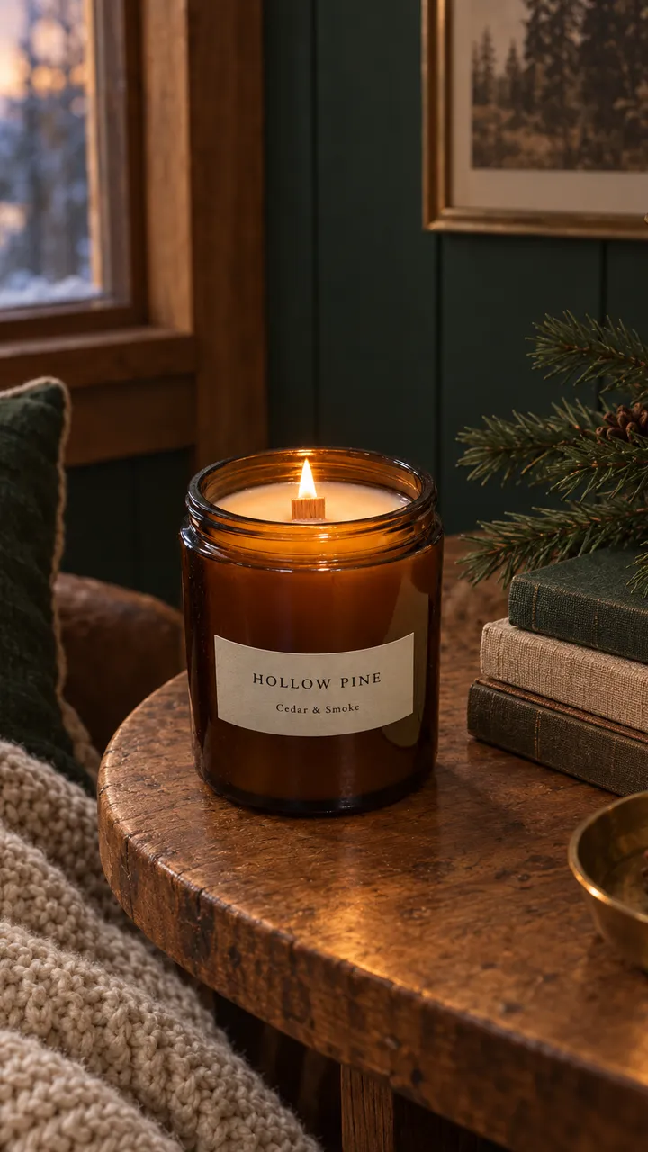 Hollow Pine candle lit on a side table