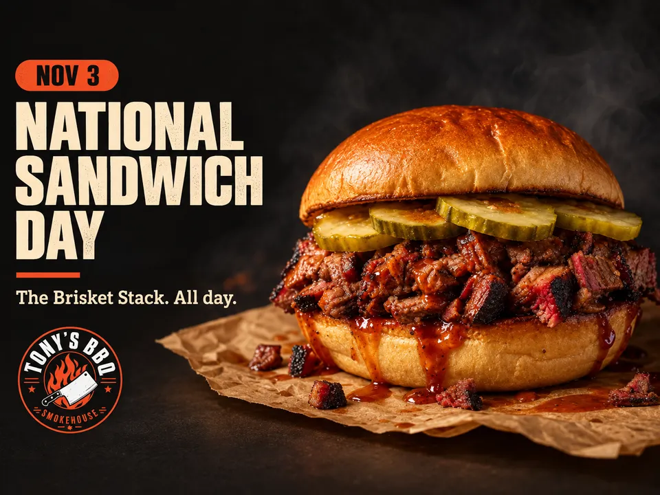 Designed post for November 3, National Sandwich Day: “The Brisket Stack. All day.”