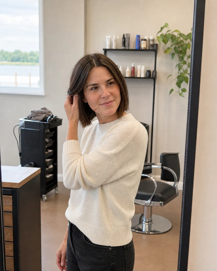 The same client in a cream sweater showing the movement in her finished bob, in daylight
