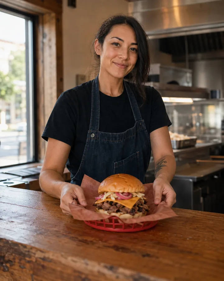 A cook holding a burger basket at the counter