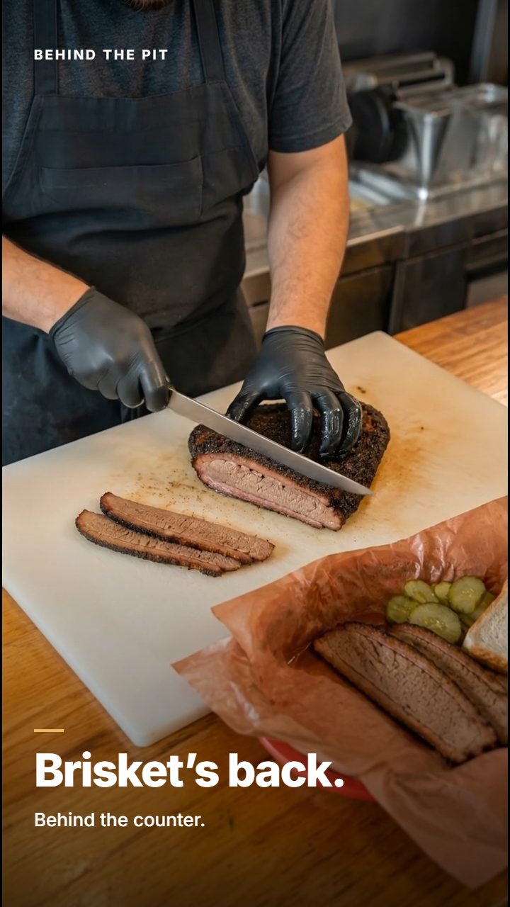 Cover of a short video: a cook slicing brisket on a cutting board