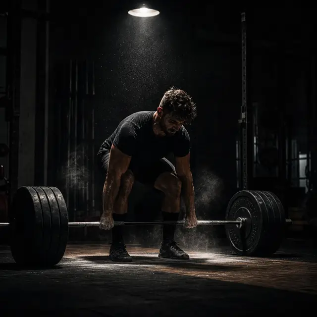 A lifter setting up for a heavy deadlift in a dark gym, chalk in the air