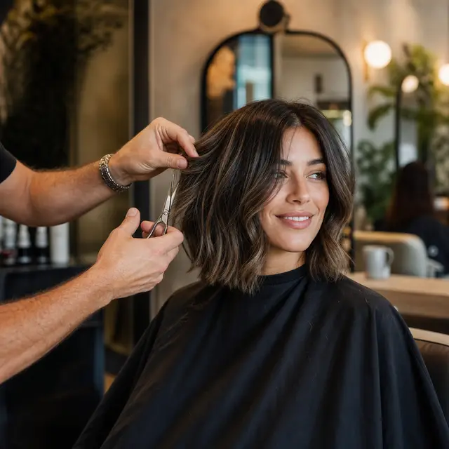 A stylist’s hands shaping a client’s dark bob with scissors